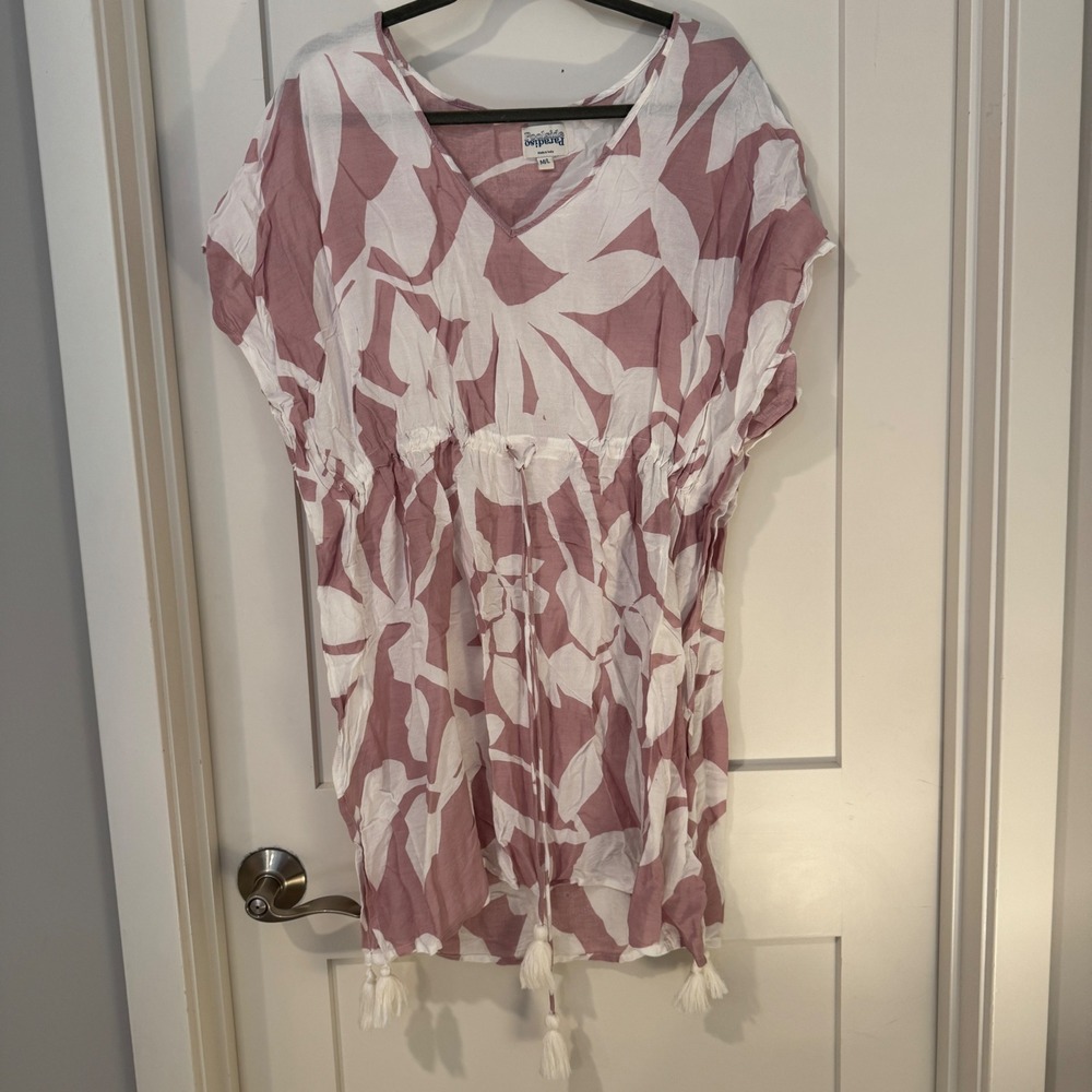 Poolside Paradiso Women M/L Pink Tropical Leaf Print Tassel Swim Coverup Dress